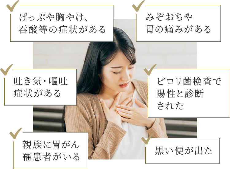 げっぷや胸焼け、吞酸等の症状がある/吐き気・嘔吐症状がある/親族に胃がん罹患者がいる/みぞおちや胃の痛みがある/ピロリ菌検査で陽性と診断された/黒い便が出た